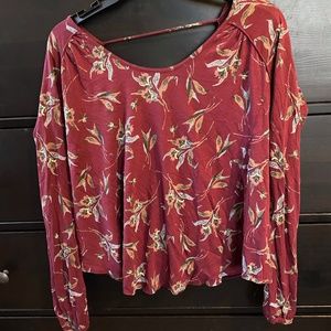 Free People Blouse with Criss Cross Open Back |Size XS | Burgundy with pattern